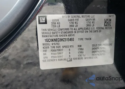2017 Chevrolet Silverado K1500 from USA, damaged, VIN 1GCVKNEC8HZ315460